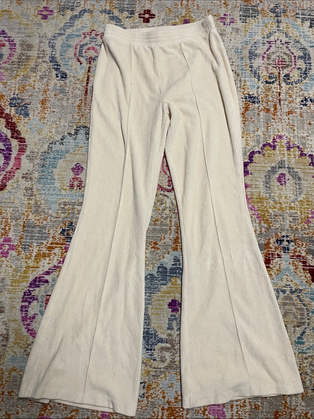 Aerie Womens Cream Ribbed Flare Leg Pants